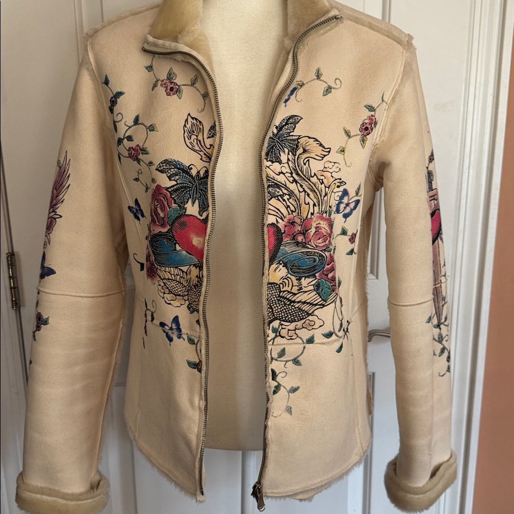 eivissa Cream Faux Fur Suede Painted Graphic Coat Jacket Tattoo design - Picture 3 of 10